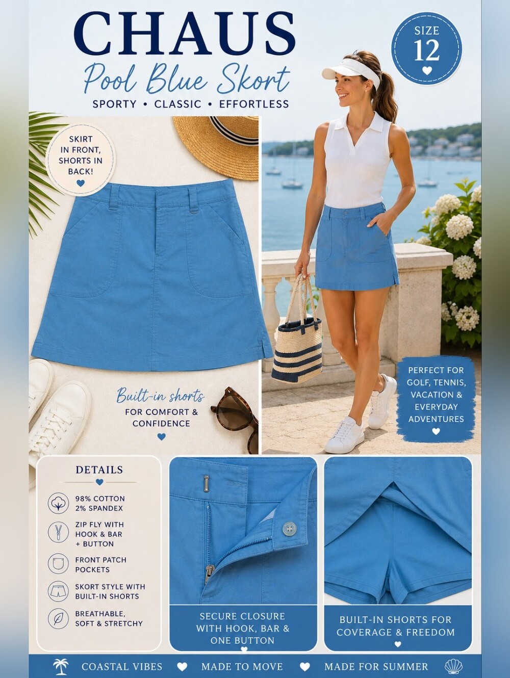 CHAUS Pool Blue Skort Size 12 Cotton Stretch Golf Tennis Coastal Preppy